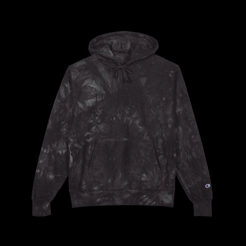 Black tie-dye hoodie with a blue logo on a white background