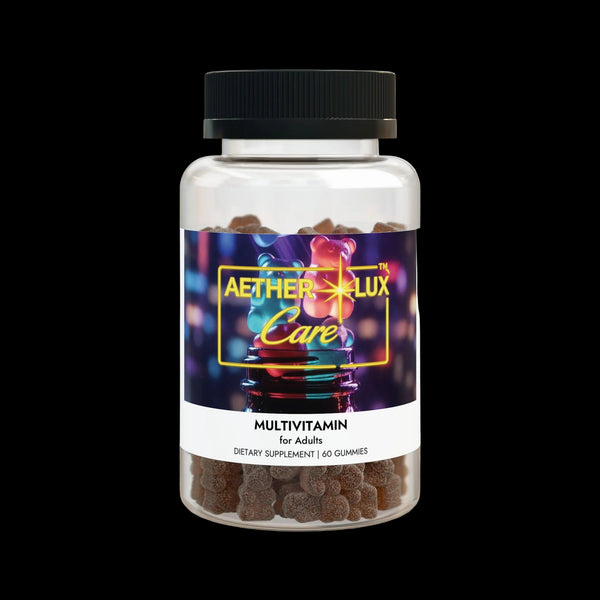 Multivitamin gummy supplement bottle with colorful label on a white background