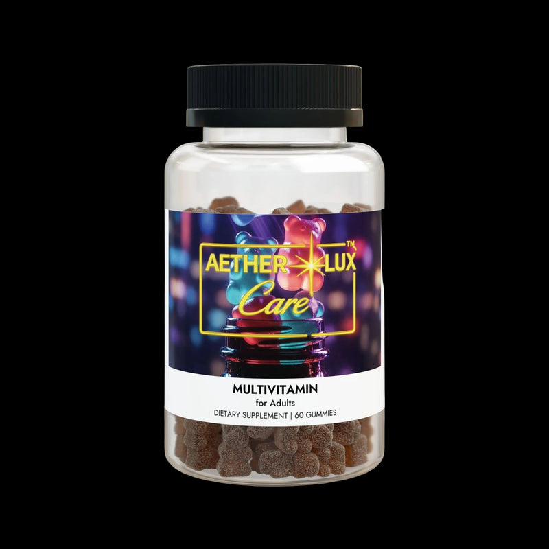 Multivitamin gummy supplement bottle with colorful label on a white background