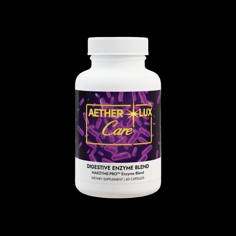 Supplement bottle labeled 'Aether Lux Care' on a white background