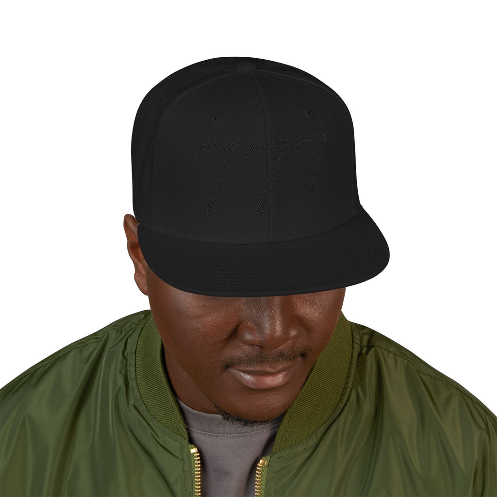 Black Distressed '777 Embroidered Snapback Hat