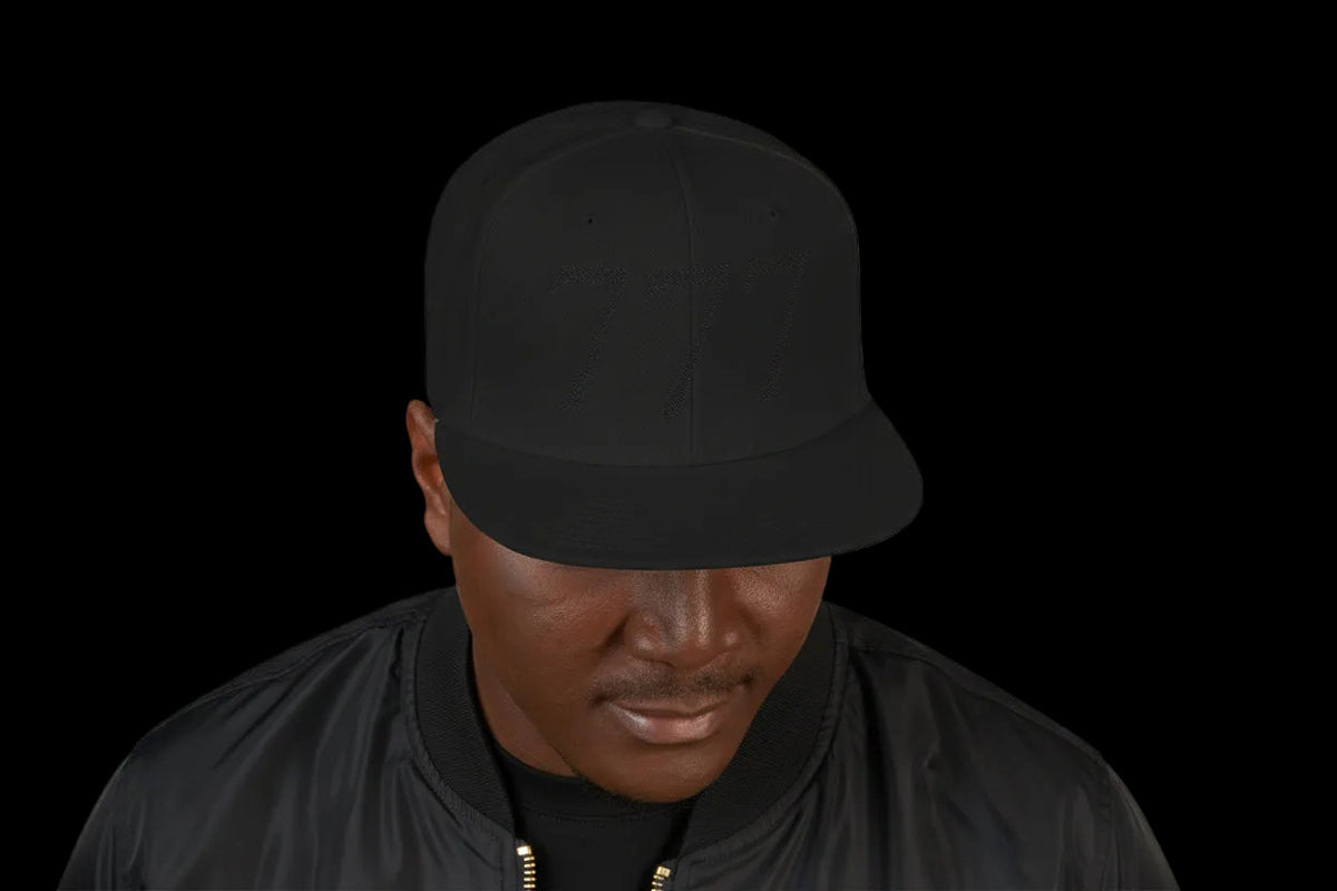 Black Distressed '777 Embroidered Snapback Hat - AetherLux.Shop
