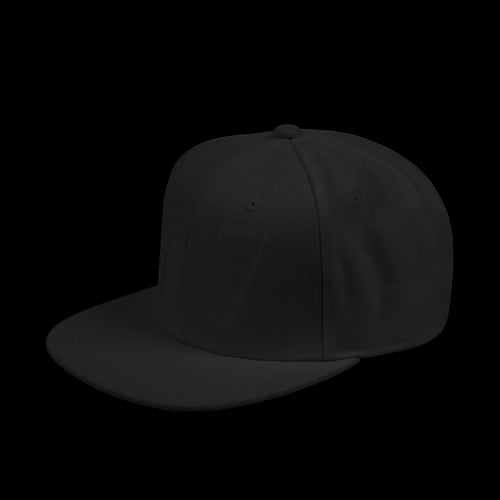 Black cap with a logo and text on a white background