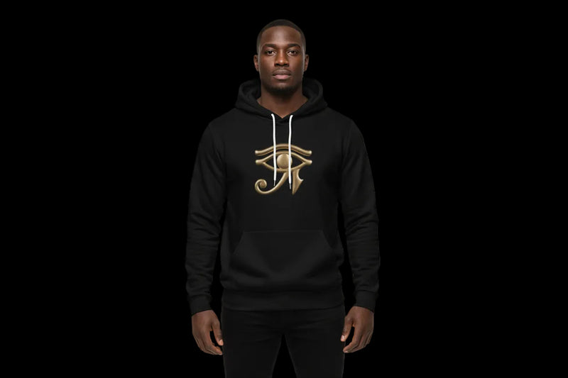 Black hoodie with a gold eye symbol on a white background