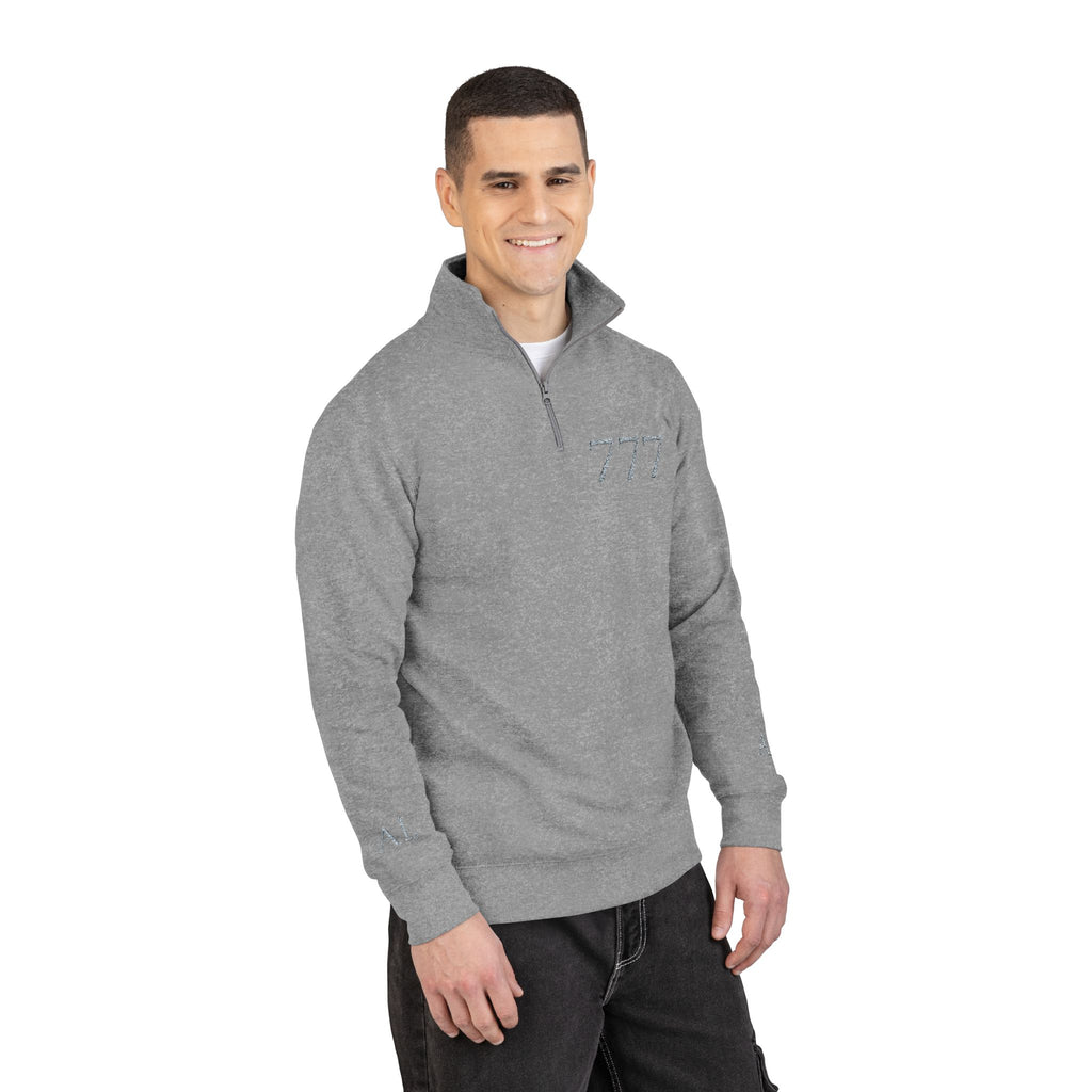 Embroidered 777 Fleece Pullover — Grey Half-Zip Casual Sweatshirt