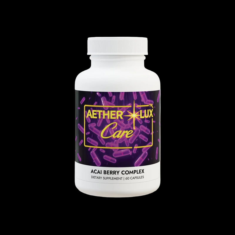 Supplement bottle labeled 'Aether Lux Care' on a white background