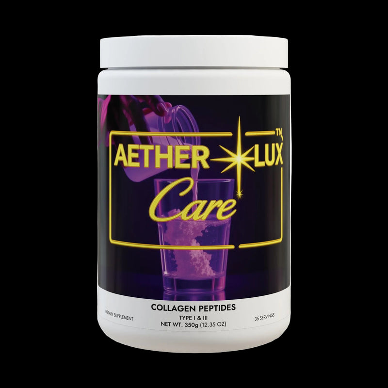Container of Aether Lux Care collagen peptides on a white background