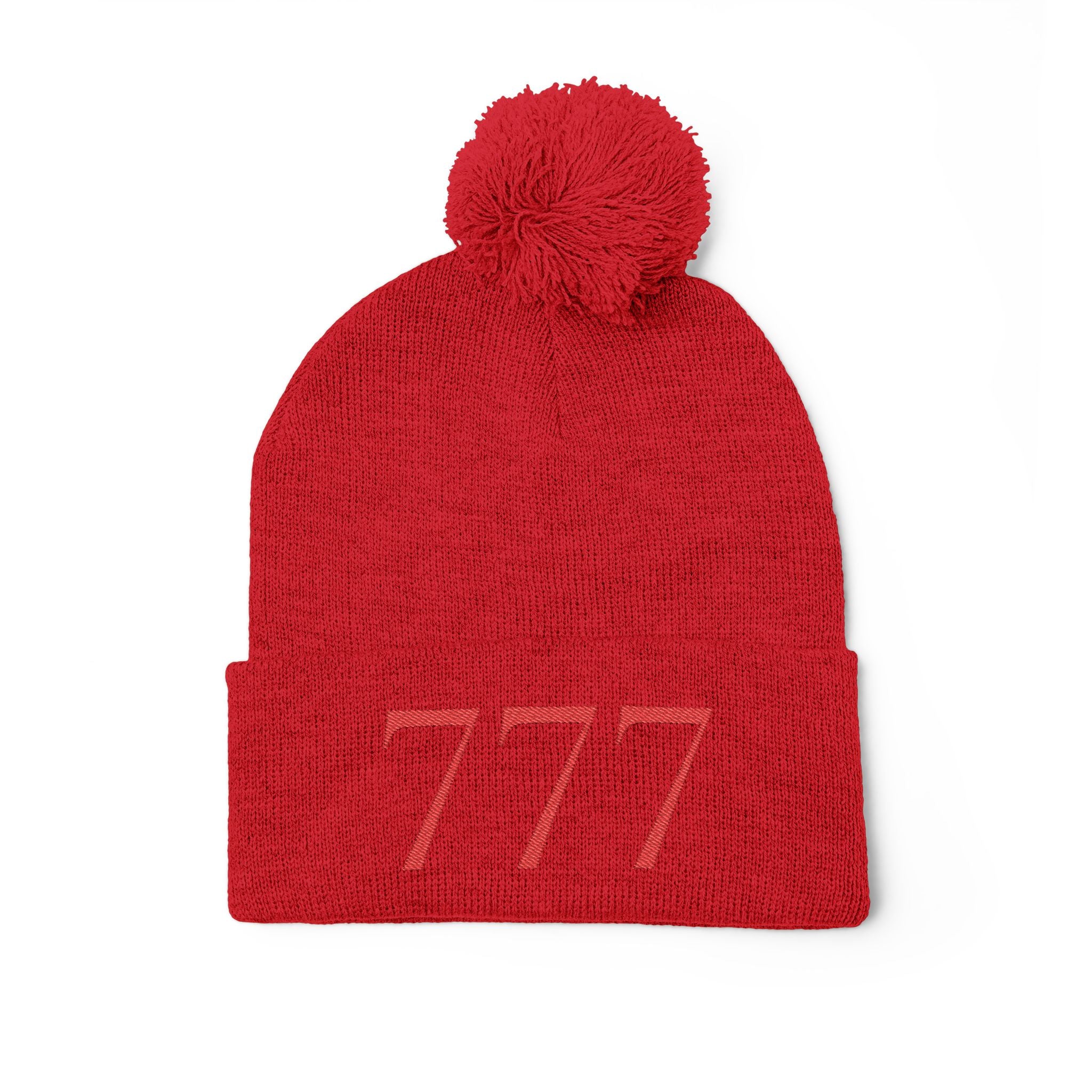 '777' Pom-Pom Knit Cap — Red Winter Beanie