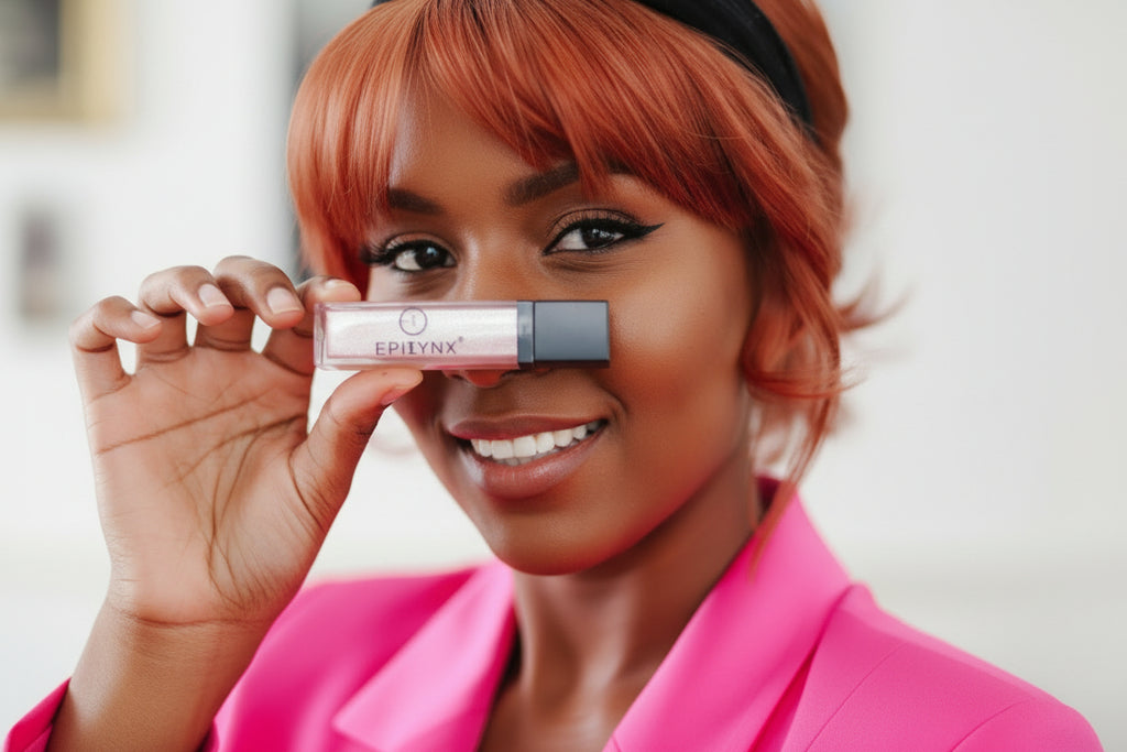 Woman holding an Epilynn product close to her face with a blurred background