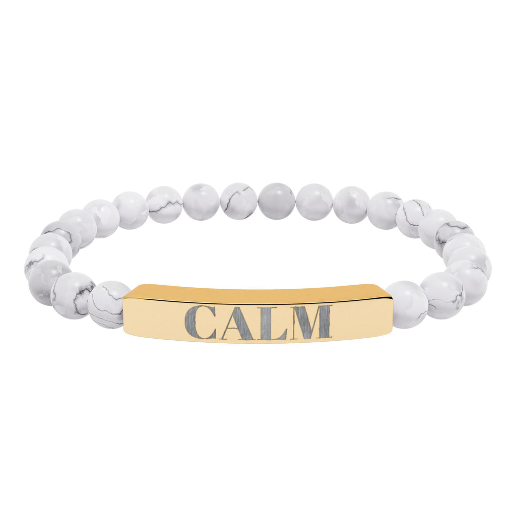 Engraved Calm Natural Stone Stretch Bracelet — Beaded Bar Bracelet for Mindfulness & Gifts