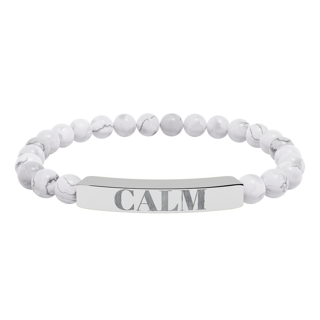 Engraved Calm Natural Stone Stretch Bracelet — Beaded Bar Bracelet for Mindfulness & Gifts