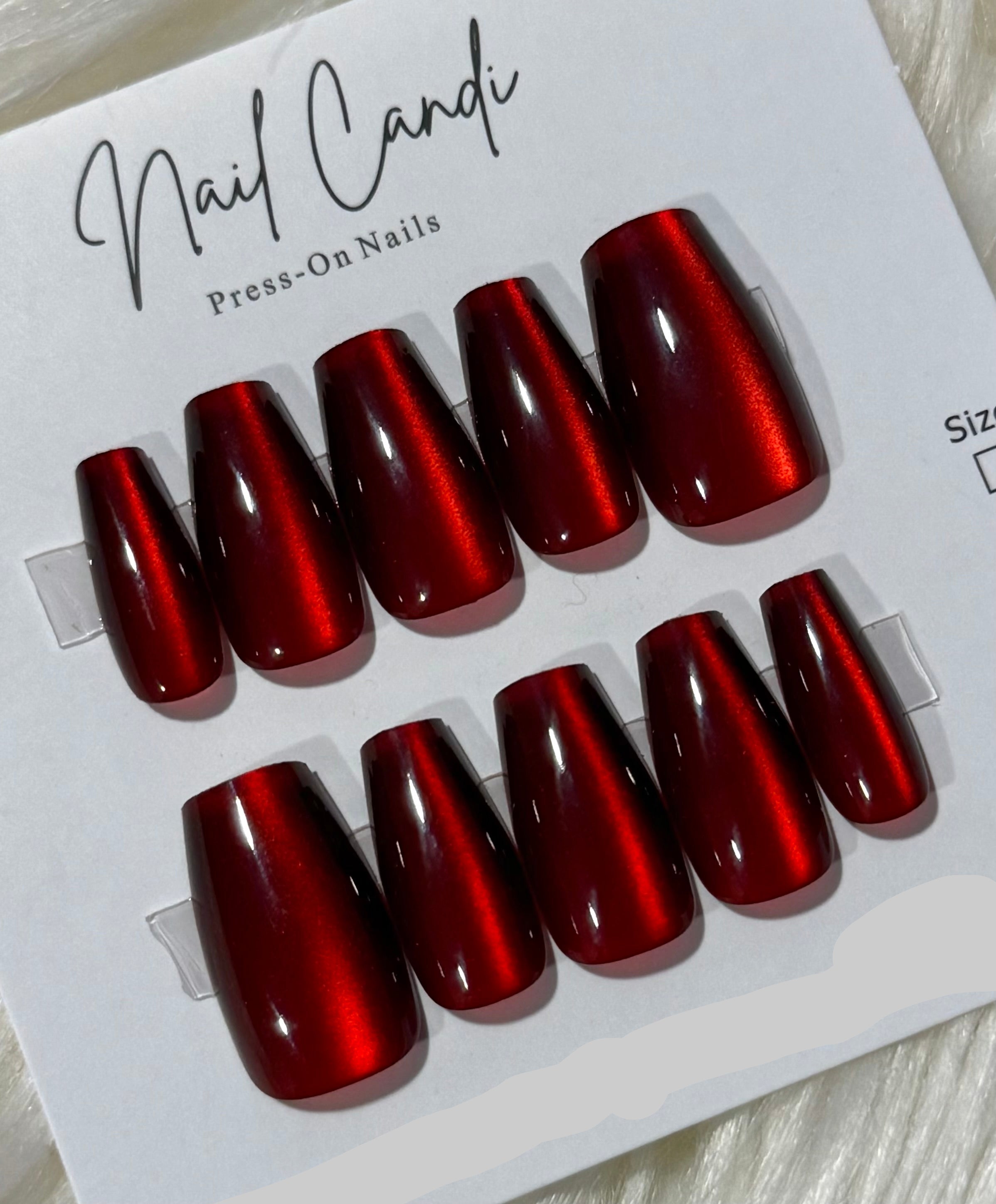 Semi-Handmade Medium Coffin Burgundy Cateye Nails