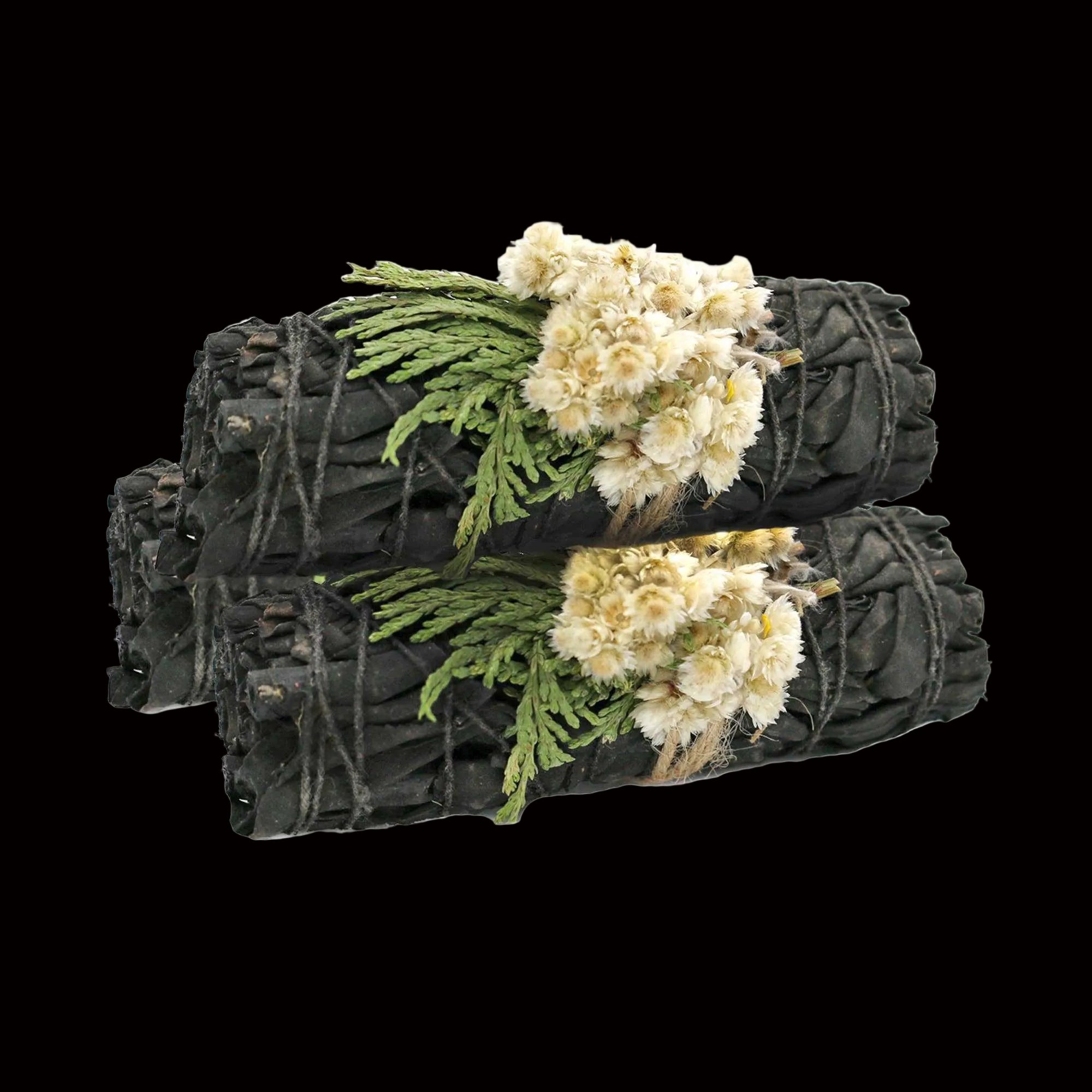 Two bundles of sage with flowers and greenery on a white background