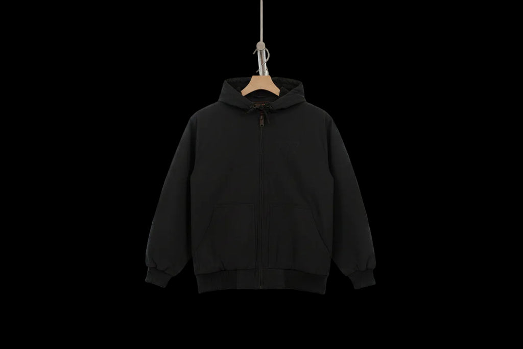 Black hooded jacket with a logo on a white background