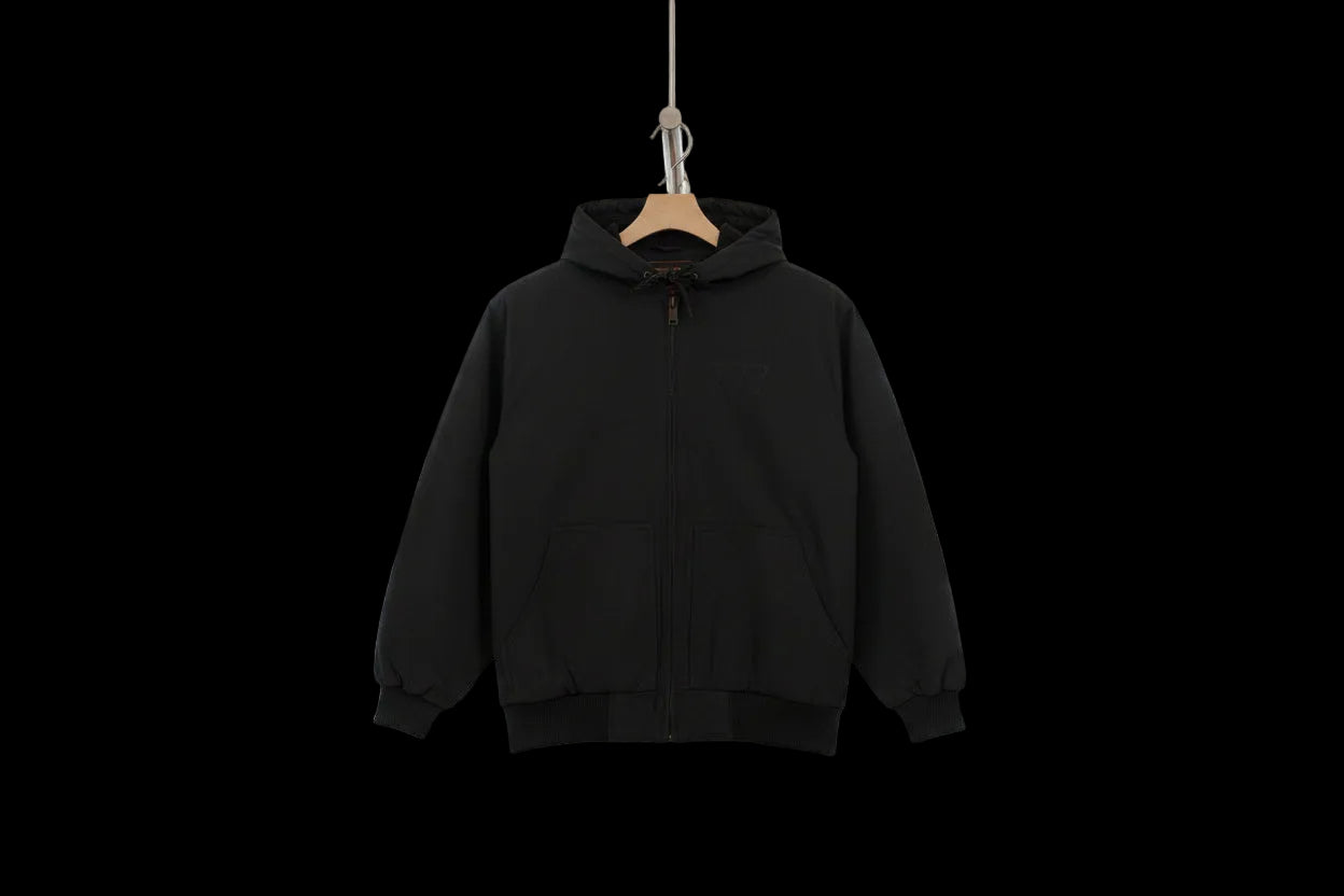 Black hooded jacket with a logo on a white background