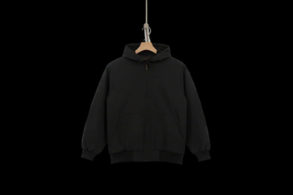 Black hooded jacket with a logo on a white background