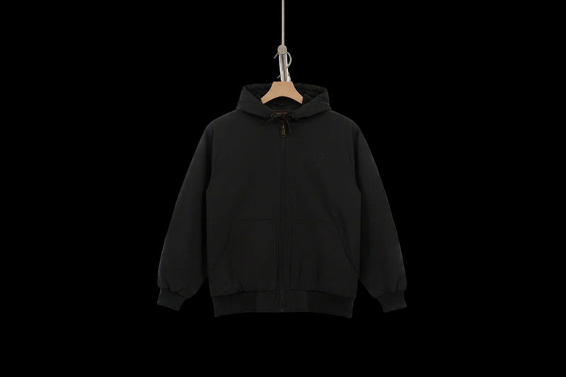 Black hooded jacket with a logo on a white background