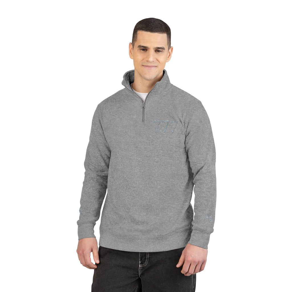 Embroidered 777 Fleece Pullover — Grey Half-Zip Casual Sweatshirt