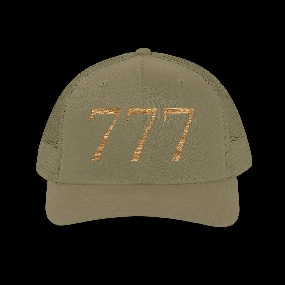 Army Green Embroidered '777' Trucker Hat — Lucky Number Snapback Cap - AetherLux.Shop