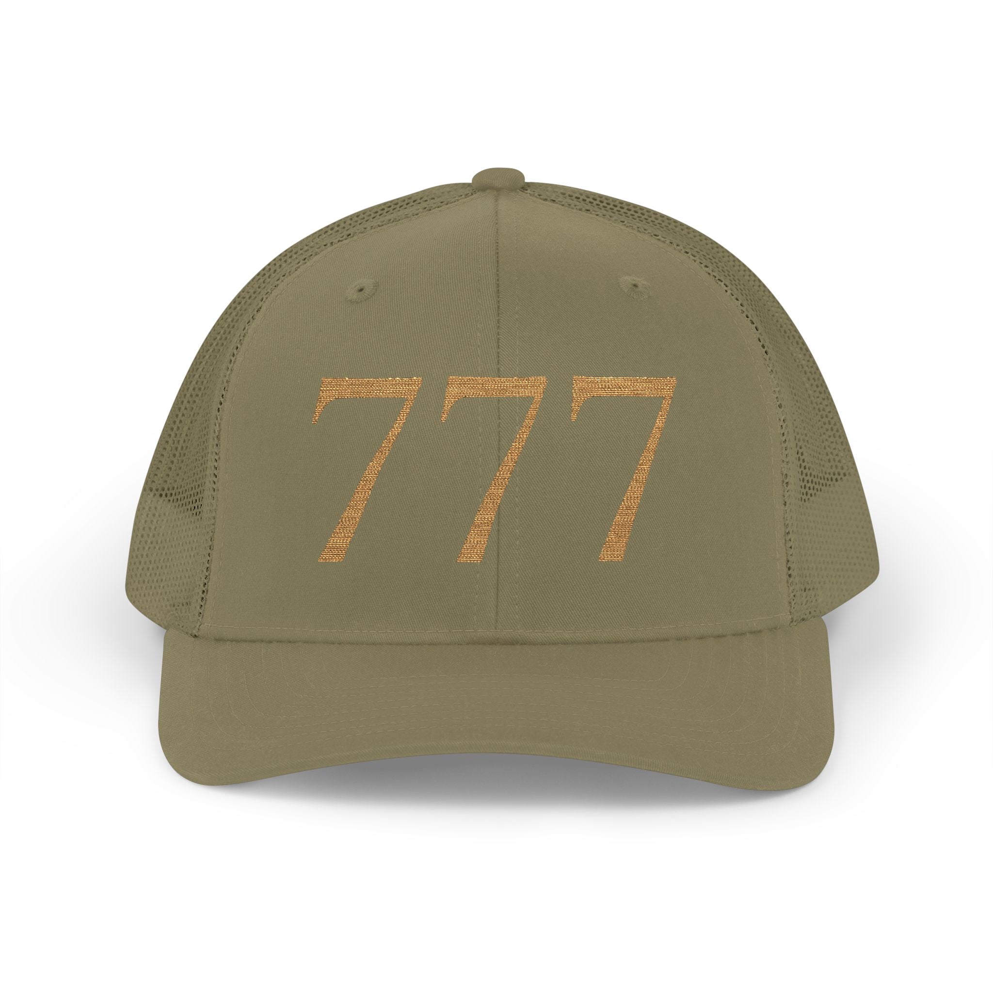 Army Green Embroidered '777' Trucker Hat — Lucky Number Snapback Cap