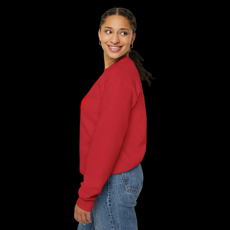 Person wearing a red sweatshirt with text on a white background