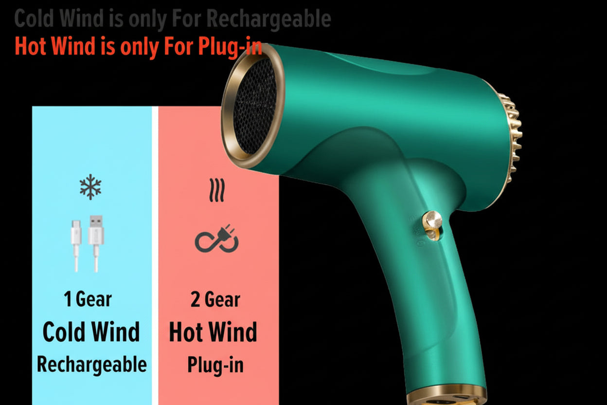 Green hair dryer with text indicating cold and hot wind settings and rechargeable/plug-in options.
