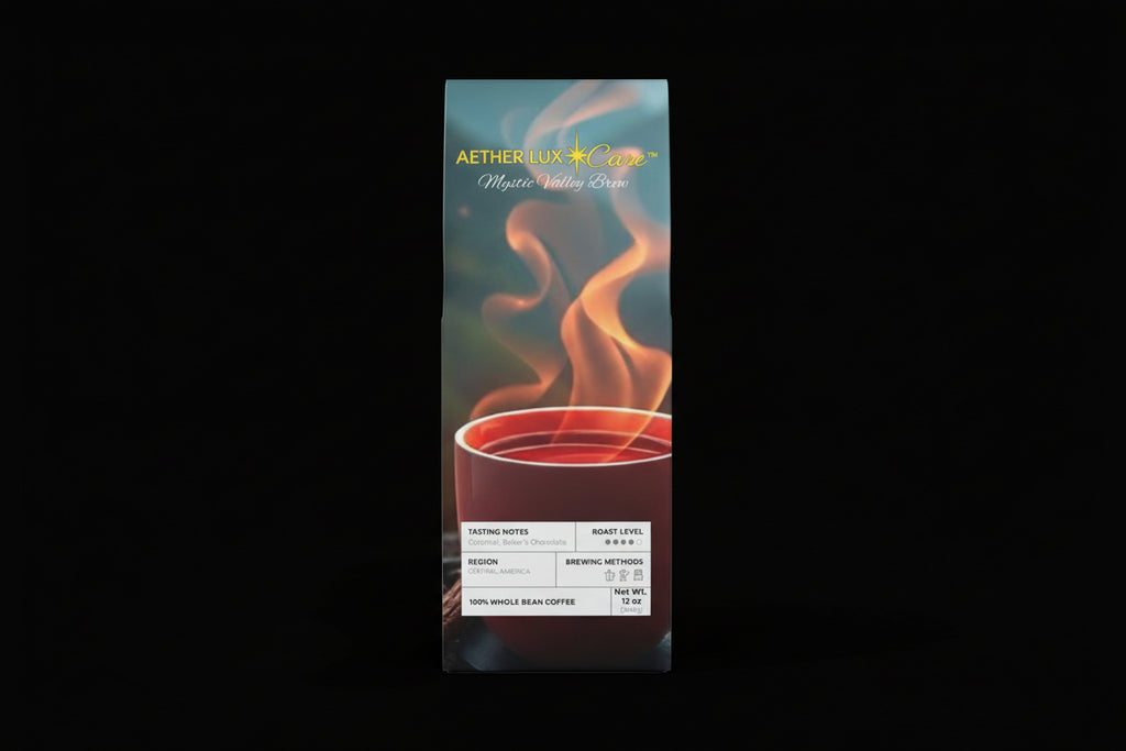 Aether Lux Coffee package with a cup of steaming coffee on a white background
