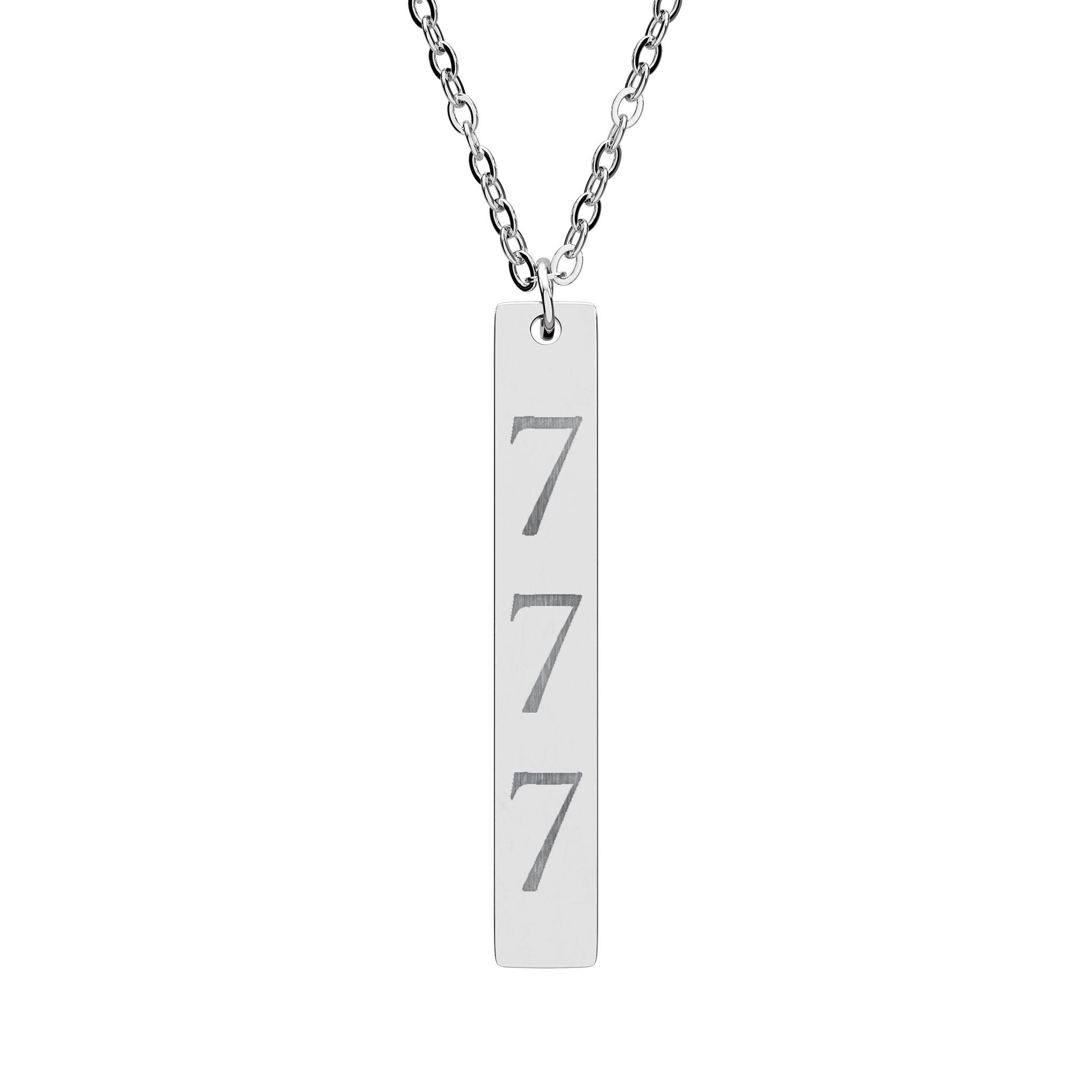 Engraved Vertical Bar Necklace — Triple 7 Lucky Number Pendant