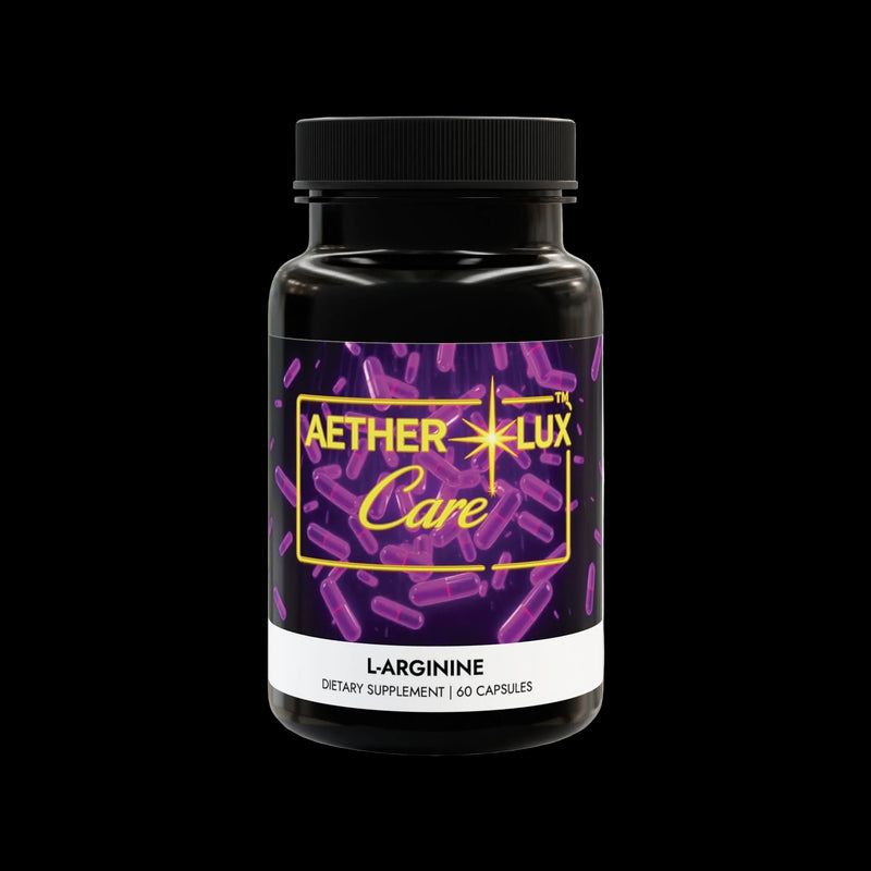 Black supplement bottle with purple label featuring 'Aether Lux' on a white background