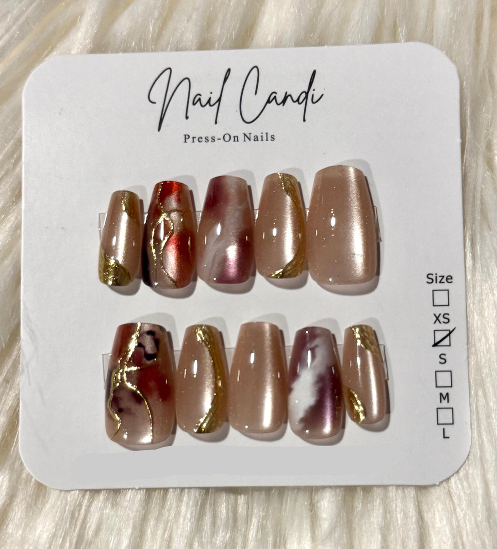 Semi-Handmade Medium Nude Cateye Rose Accent Nails