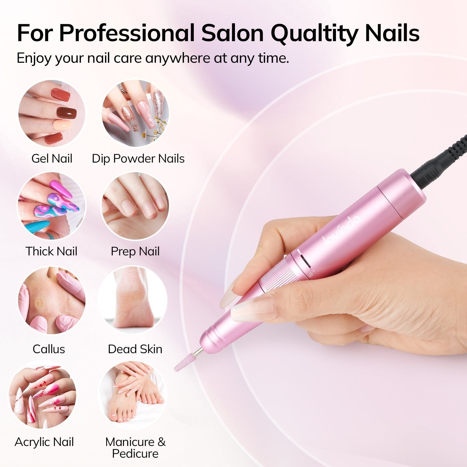 Wand™ Ease Nail Drill - Metallic Pink - 35,000 RPM Rechargeable by Lavinda