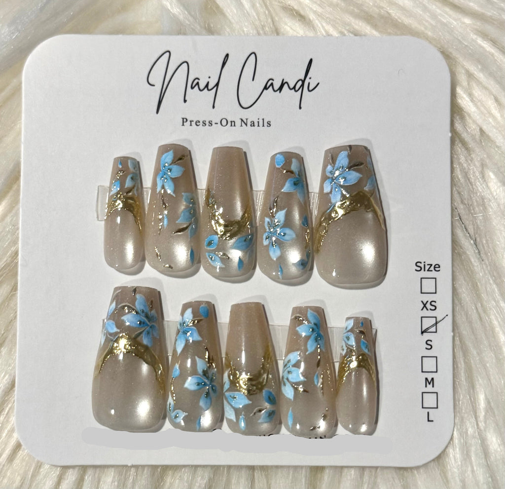 Semi-Handmade Long Champagne & Blue Flower Nails