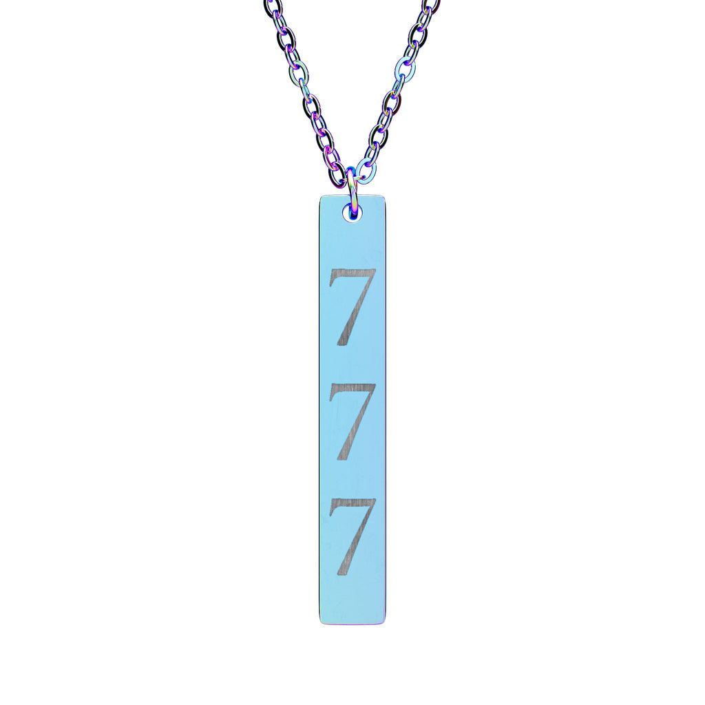 Engraved Vertical Bar Necklace — Triple 7 Lucky Number Pendant