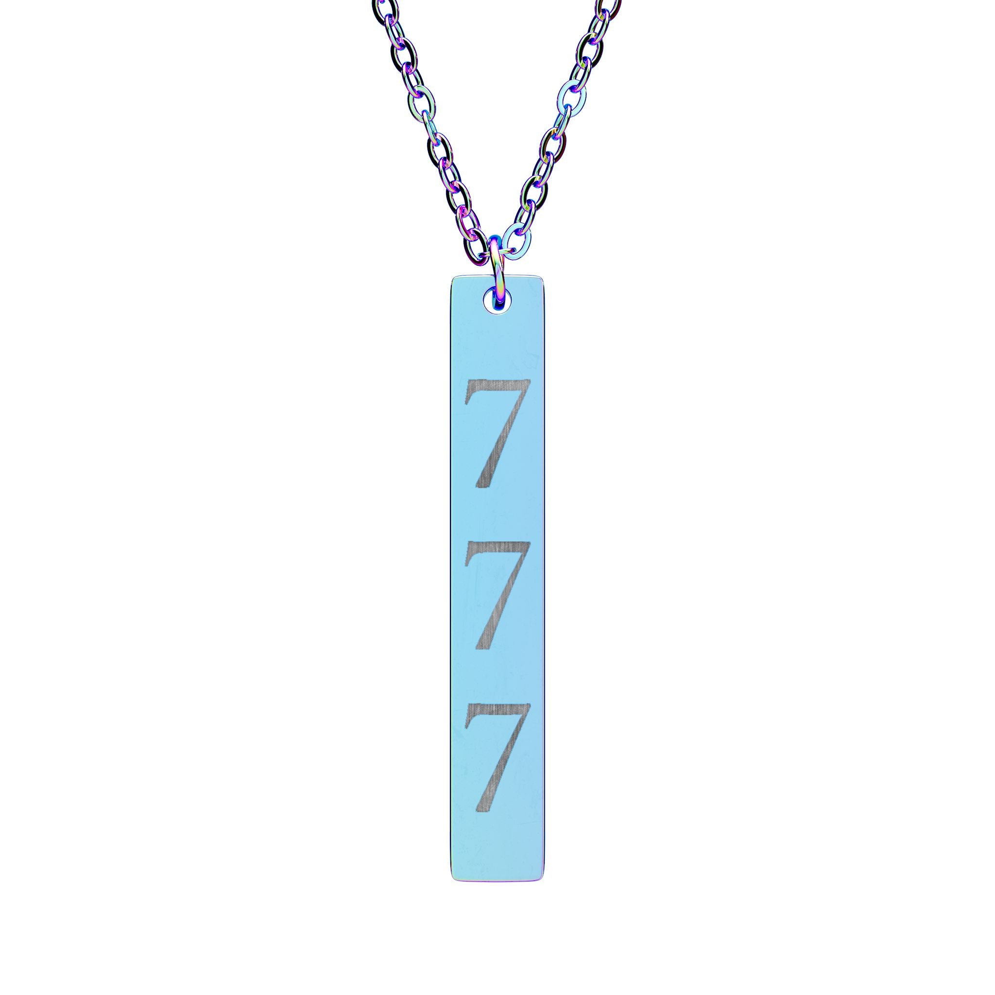 Engraved Vertical Bar Necklace — Triple 7 Lucky Number Pendant