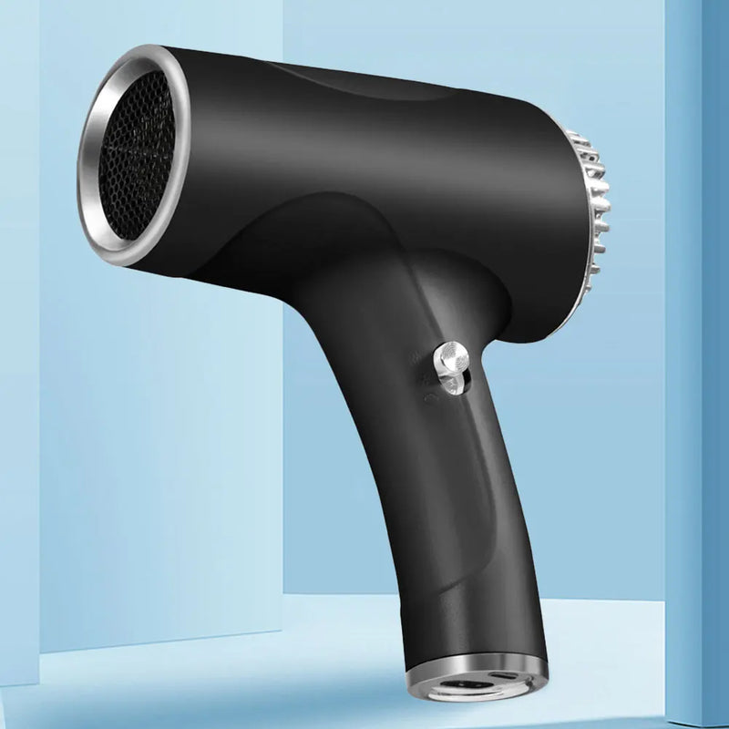 Black hair dryer with silver nozzles on a light blue background