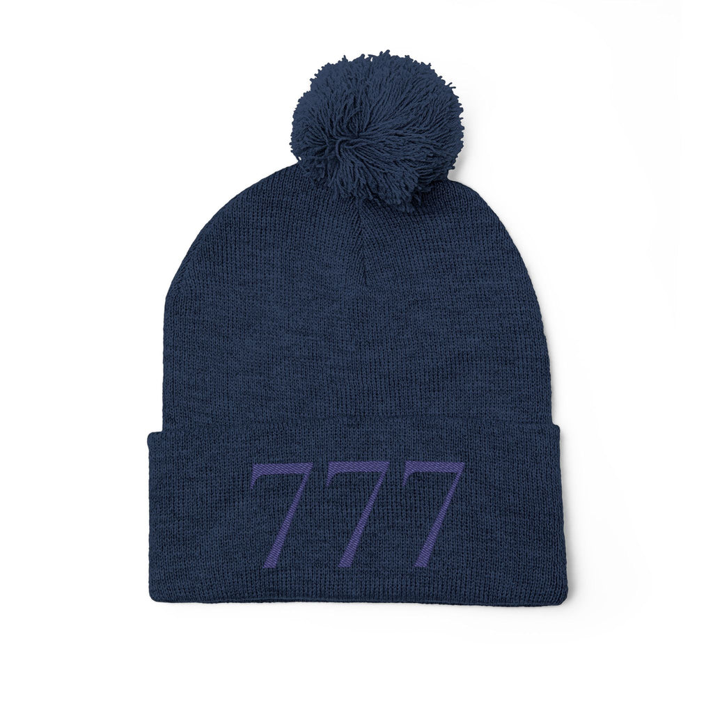 '777' Pom-Pom Knit Cap — Navy Winter Beanie