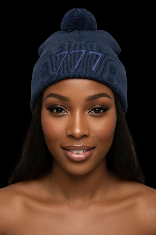 '777' Pom-Pom Knit Cap — Navy - AetherLux.Shop