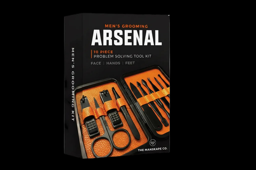 Men's grooming kit packaging with tools on a white background