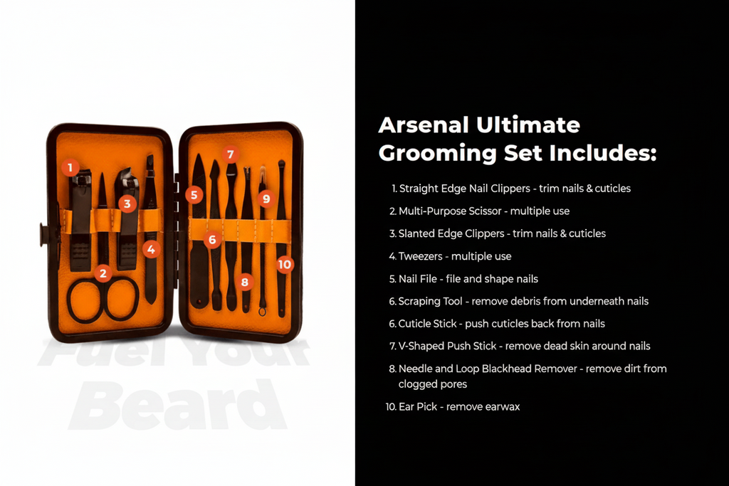 Grooming set with tools and a list of included items on a white background