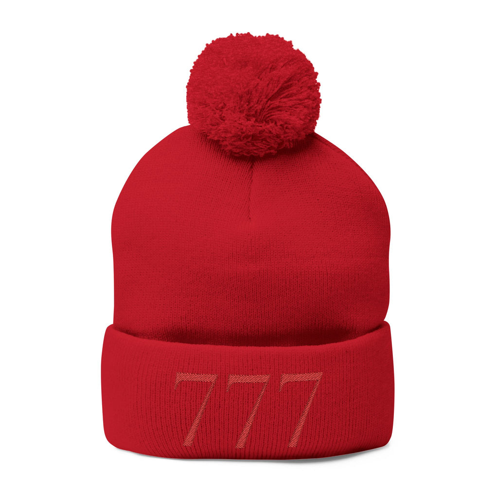 '777' Pom-Pom Knit Cap — Red Winter Beanie