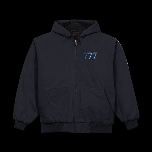 Black jacket with a logo on a white background