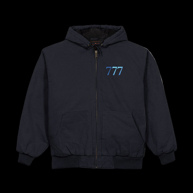 Black jacket with a logo on a white background