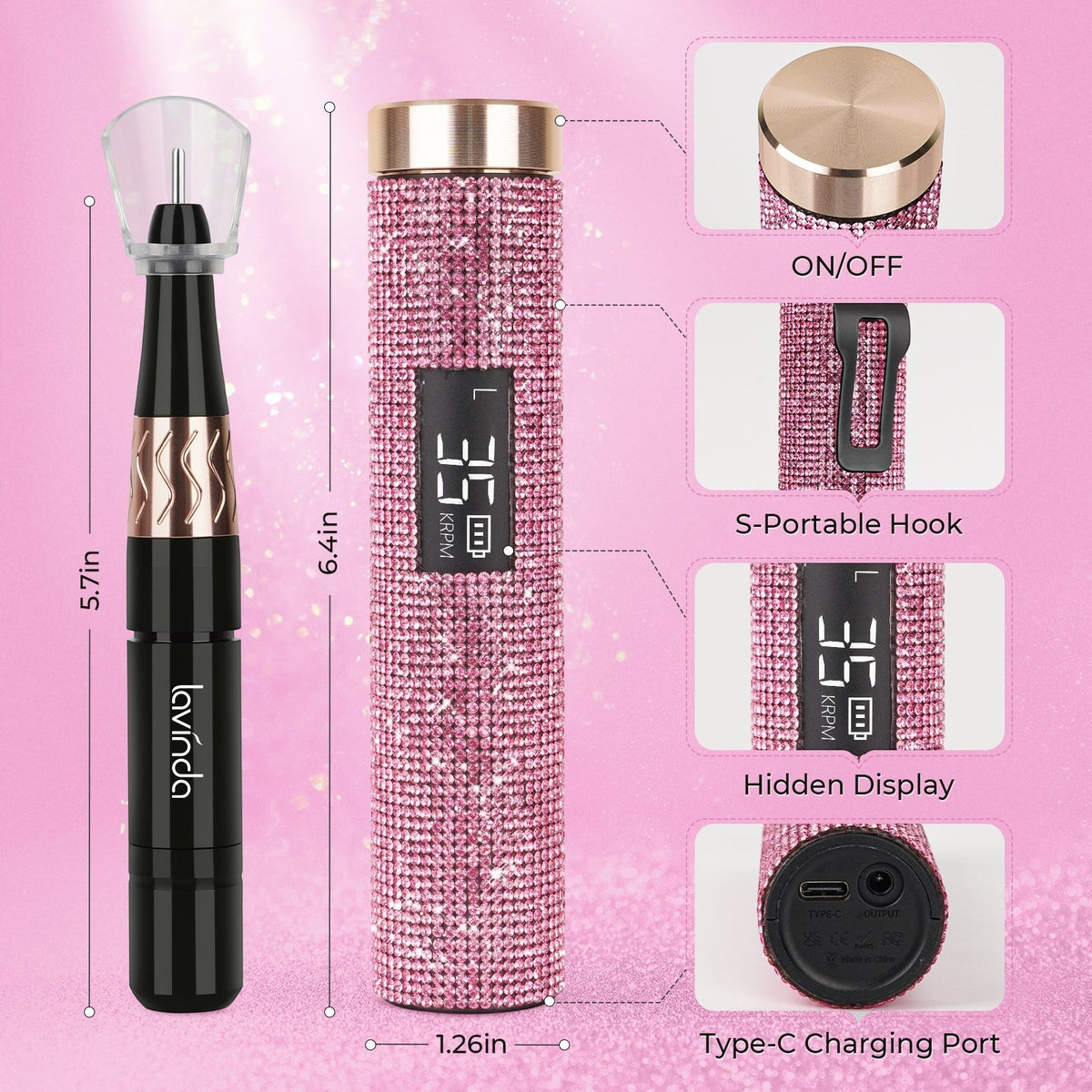 Wand™ Lite Nail Drill - Pink Diamond - 35,000 RPM Rechargeable by Lavinda