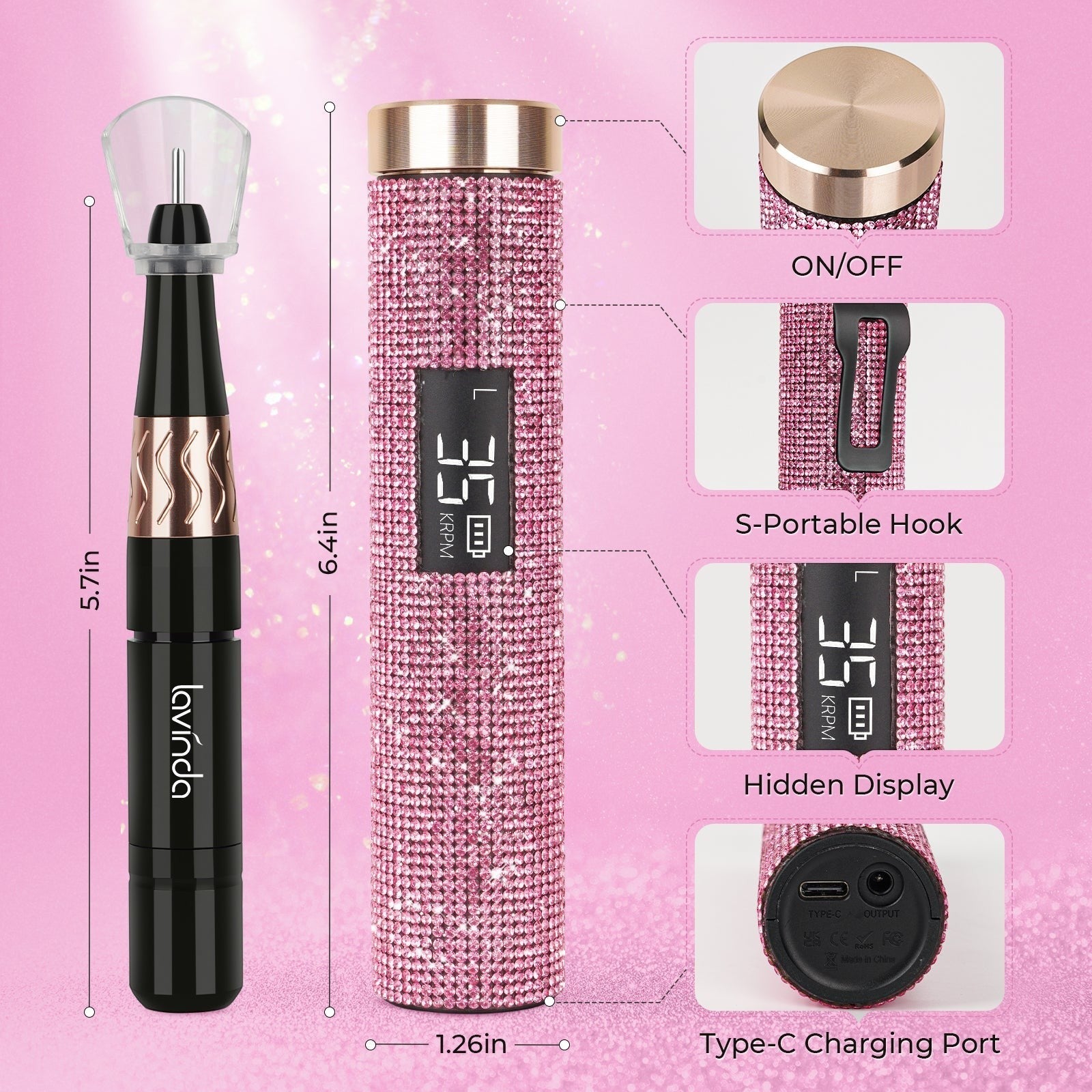 Wand™ Lite Nail Drill - Pink Diamond - 35,000 RPM Rechargeable by Lavinda
