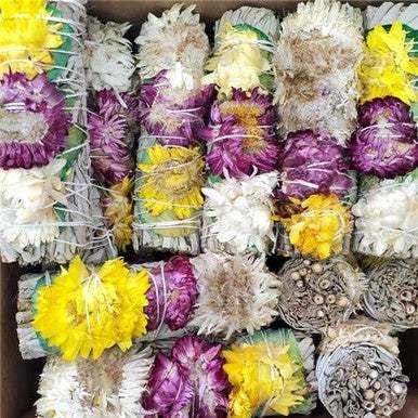 Green Rose Petals with 3 Flowers on a White Sage Smudge Stick (4 in.) by Sacred Crystals