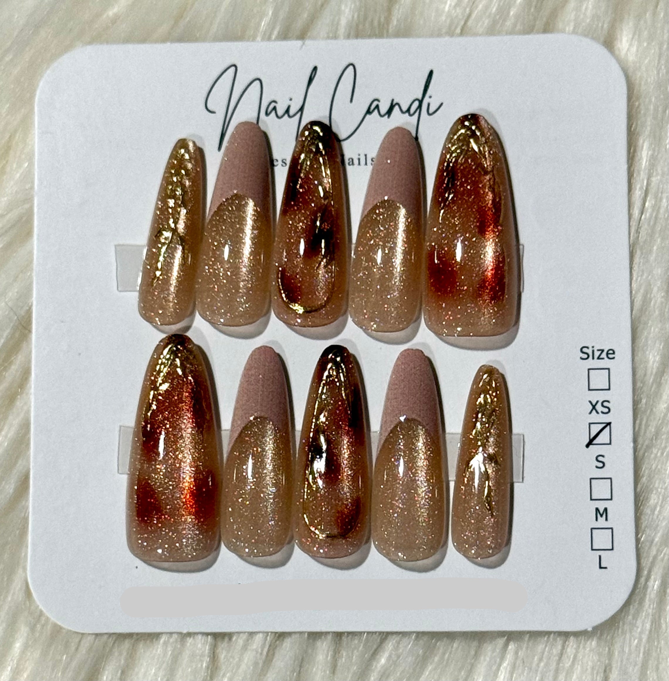 Semi-Handmade Long Gold & Nude Shimmer Nails