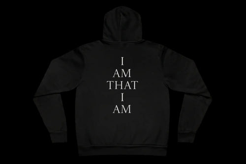 Black hoodie with 'I AM THAT I AM' text on the back against a white background