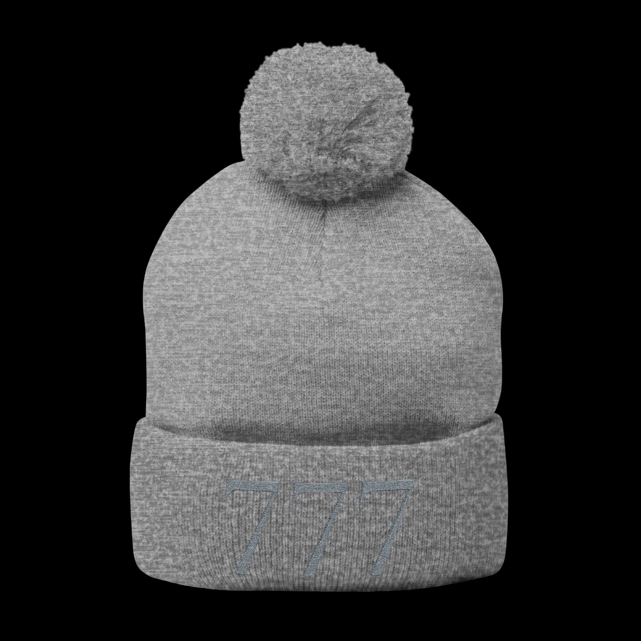Gray knit beanie with pom-pom on a white background