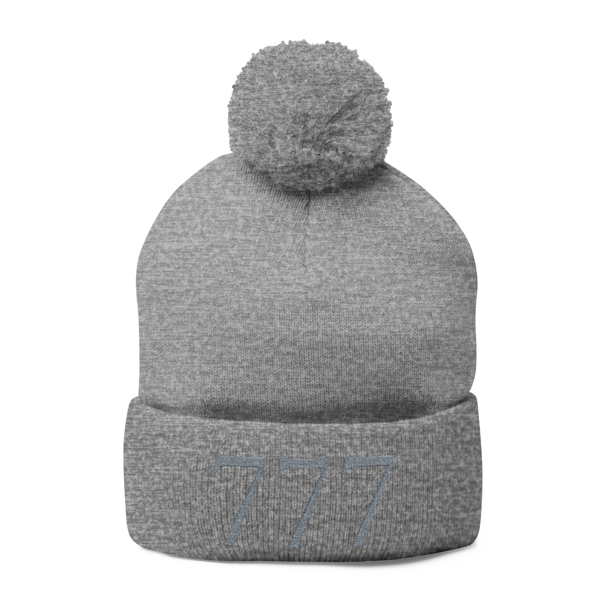 '777' Pom-Pom Knit Cap — Grey Winter Beanie