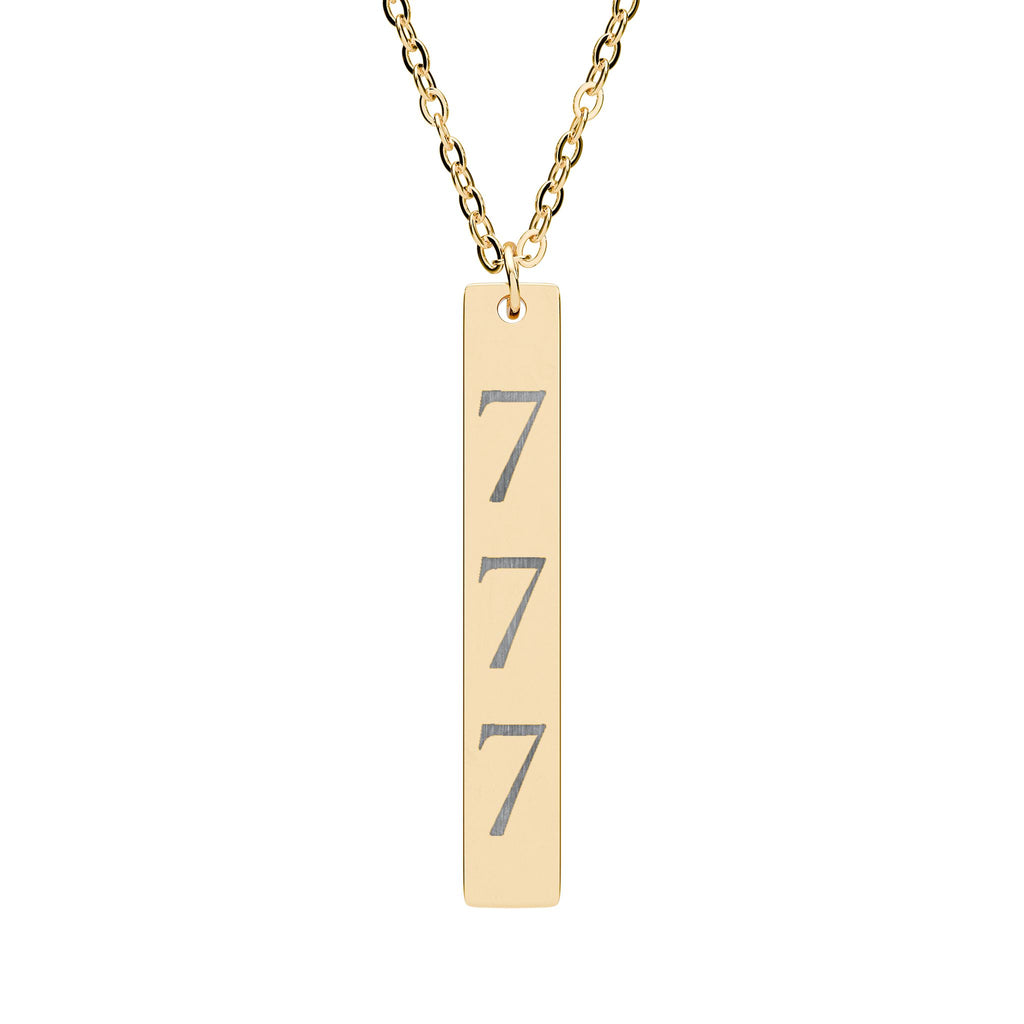 Engraved Vertical Bar Necklace — Triple 7 Lucky Number Pendant